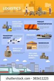 Logistic and transportation concept poster in flat style. Warehouse, delivery and shipping infographic. Vector set of truck, ship, train and air transport service.