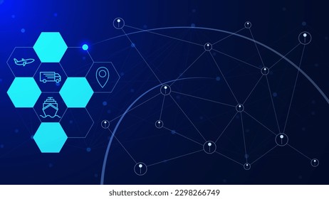 Logistic transportation and global network connection. Cargo, export, import concept background with truck, ship and plane icons. Vector illustration.