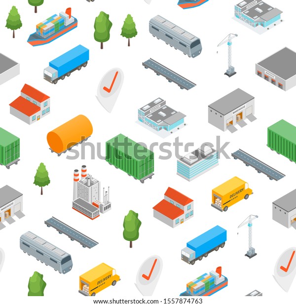 Logistic Transportation\
Global Service Concept Seamless Pattern Background on a White 3d\
Isometric View Include of Warehouse, Truck, Ship and Container.\
Vector illustration