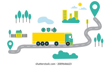 Logistic and transportation of goods. Big cargo truck driving on road to carry goods from on location to another shown on map. Safe quick delivery. Map with forest, houses, road, truck, lake.