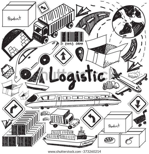 Logistic transportation inventory cargo\
management handwriting doodle icon object sign and symbol in\
isolated background for business presentation title or university\
education with header\
(vector)