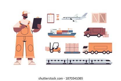 logistic transportation set of different transport and deliveryman in uniform express delivery service concept horizontal isolated vector illustration