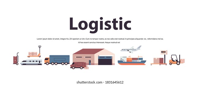 conjunto de transporte logístico camiones buque avión almacén de carga símbolos de servicio de entrega expreso copia espacio horizontal ilustración vectorial