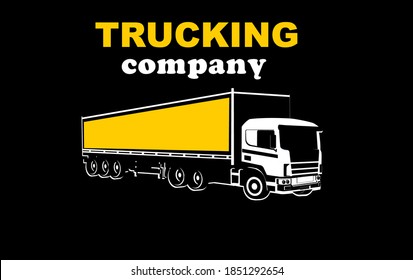 Logistic transportation trucking company logo on black background, three truck and plane jet above them, monochrome vector template
