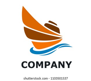 logistic travel ship for shipping import export trade sail over ocean flat design style logo illustration with orange brown color with some wave