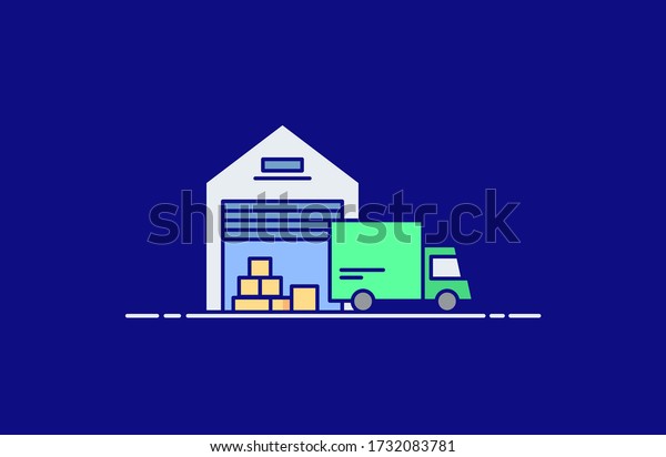 Logistic\
truck loads goods from a warehouse for delivery illustration in\
flat line style. Design concept of vector illustration isolated on\
color background for website and mobile apps.\
