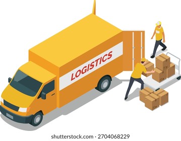 Camión logístico con trabajadores y paquetes