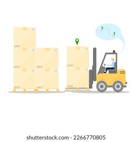 Logístico, carga, entrega, entrega por montacargas. Almacén. Almacenamiento. Trabajar bajo órdenes. Fondo blanco.