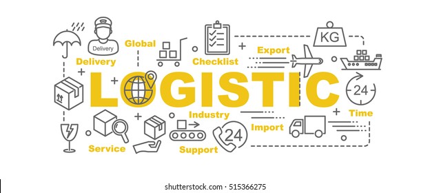 logistic vector banner design concept, flat style with thin line art logistic icons on white background
