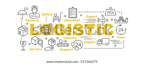 logistic vector\
banner design concept, flat style with thin line art logistic icons\
on white background\
