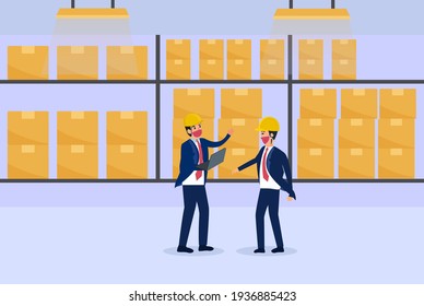Logistic vector concept: Two businessman controlling storage warehouse while wearing safety helmet