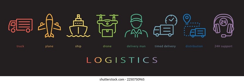 Logistic vector icon set. neon color on black background.