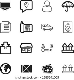 logistic vector icon set such as: silhouette, globe, handle, cafe, boutique, documents, export, outline, file, headset, van, message, customer, sale, fast, sphere, supermarket, isometric, carton