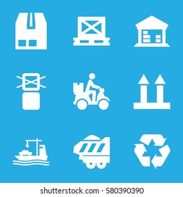 Logistic vector icons. Set of 9 Logistic filled icons such as cargo on palette, cargo arrow up, recycle