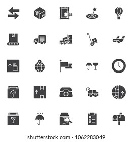 Logistic vector icons set, modern solid symbol collection, filled style pictogram pack. Signs, logo illustration. Set includes icons as arrow left right, delivery box, post stamp, target dartboard