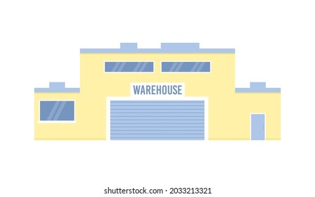Logistic warehouse building for storage goods and distribution cargo for delivery. Modern industrial storehouse with big gates. Flat cartoon vector illustration isolated on white