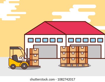 logistic warehouse cardboard boxes and forklift machine