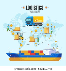 Logistic warehouse concept with processes of preparing cargo for loading and delivering to customer vector illustration