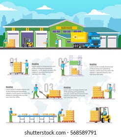 Logistic warehouse infographic with storage template and processes of goods calculation and transportation vector illustration