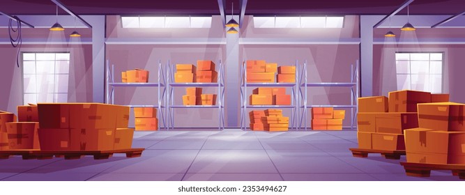 Interior de almacén logístico con vector de caja y pallet. Construcción de almacenes de fábricas o tiendas con carga en estanterías para rack para su distribución. Habitación Hangar dentro de la construcción con fondo de caricatura de paquete