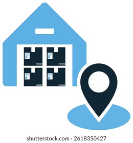 Logistic warehouse location icon vector for storage mapping, cargo hub, and supply tracking. Ideal for warehouse pin icon, stockpoint system, and distribution site marker design.