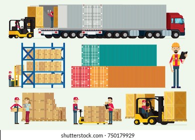 Logistic warehouse with storage workers truck and forklift cargo box illustration vector