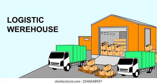 Logistic warehouse and truck illustration. Logistic warehouse delivery package and trcuk vector illustration. modern warehouse with wide-open doors revealing a variety of stacked boxes inside.