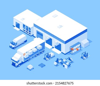 Logistic warehouse with truck transportation forklift and manual robotic staff isometric vector illustration. Commercial storehouse cargo cardboard pallet storage automation machinery distribution