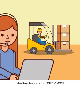 logistic woman operator and worker in forklift cargo packages