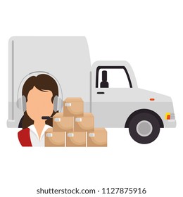 logistic woman worker with boxes and van