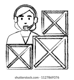 logistic woman worker with headset and boxes