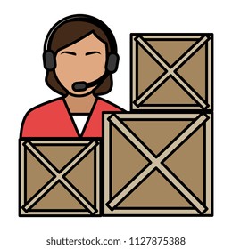 logistic woman worker with headset and boxes