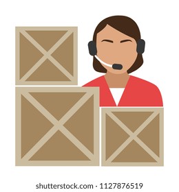 logistic woman worker with headset and boxes