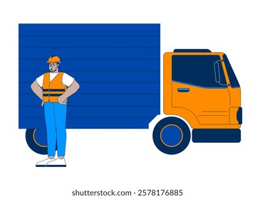 Logistic worker with delivery truck 2D cartoon character. Supply chain management. Hardhat arab man in safety jacket isolated person flat vector on white background. Spot illustration colorful