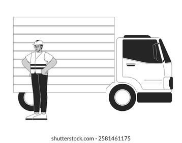 Logistic worker with delivery truck black and white 2D line character. Supply chain management. Hardhat arab man in safety jacket isolated vector outline person. Monochromatic spot illustration