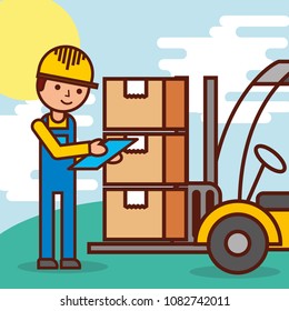 logistic worker and forklift loading boxes