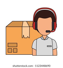 logistic worker with headset and box