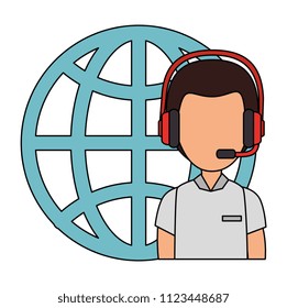logistic worker with headset and sphere planet