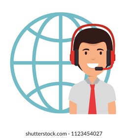 logistic worker with headset and sphere planet
