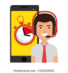 logistic worker with smartphone and chronometer