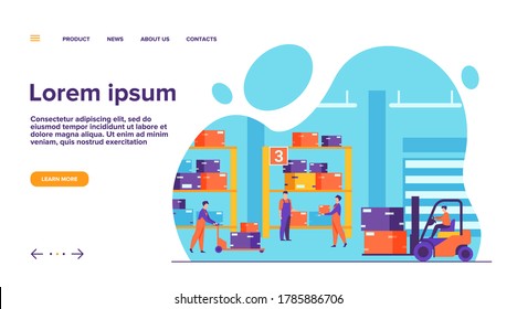 Logistic workers carrying boxes with loaders in warehouse. Couriers wheeling carts with cargo, riding forklift with packages among hangar shelves. For delivery service, stockroom, storage concept