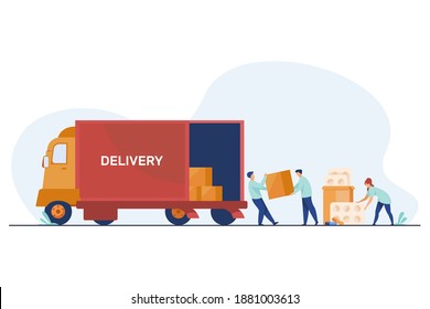 Logistic Workers Delivering Meds. Warehouse Employees Loading Truck With Pills Flat Vector Illustration. Pharmacy, Business, Logistics, Delivery Concept For Banner, Website Design Or Landing Web Page