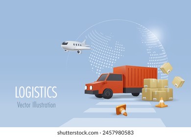 Logística y servicio de entrega de envíos a todo el mundo. Camión y avión con cajas de carga en carretera. Compra en línea, entrega y envío de distribución de carga logística. Vector 3D.