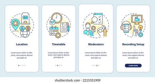Logistical details of usability testing onboarding mobile app screen. Walkthrough 4 steps editable graphic instructions with linear concepts. UI, UX, GUI template. Myriad Pro-Bold, Regular fonts used