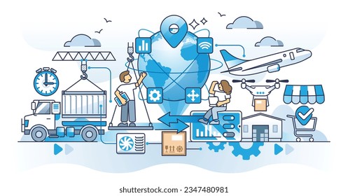 Logistical network design and effective shipping planning outline concept. Cargo delivery plan for global shipping company vector illustration. Transportation efficiency with smart link connections.