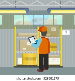 Logistician checks the cargo deivering. Manager controls goods delivering to designated place. Equipment delivery process of warehouse. Loader man. Business delivery of cargo. Vector