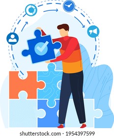Logistician puzzle, solution concept, professional team, puzzle organization background, design, flat style vector illustration.