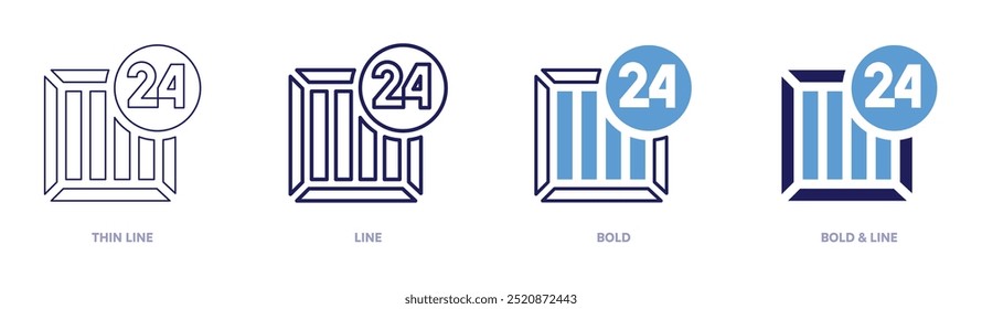 Logistics 24 hours icon in 4 different styles. Thin Line, Line, Bold, and Bold Line. Duotone style. Editable stroke.