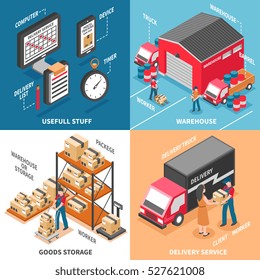 Logistics 2x2 design concept with workers engaged in loading delivery truck  and goods storage isometric icons vector illustration 
