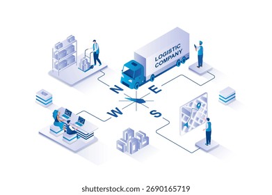 Logística conceito isométrico 3d com design de pessoas de isometria para web. Pessoas que usam serviço de entrega expresso e de entrega global de lojas internacionais, transporte de encomendas. Ilustração vetorial.